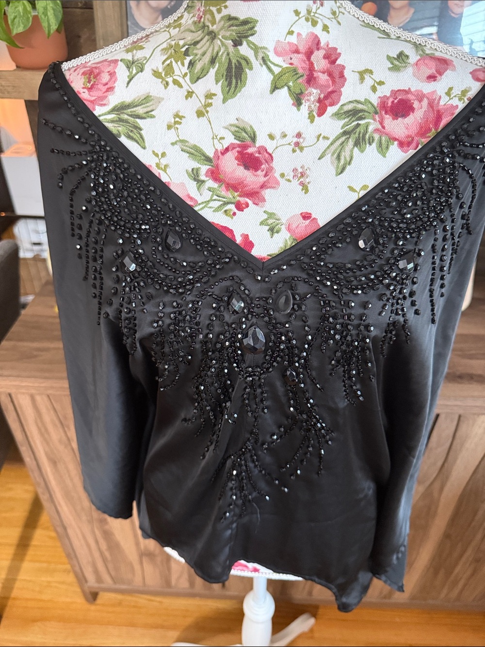 bebe Black Beaded V-Neck Drapey Blouse